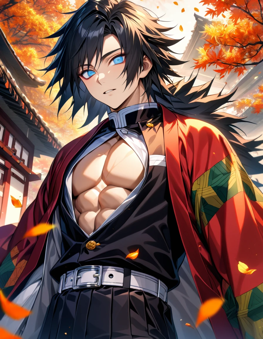 Ultra detailed, Highres, absurdres, HDR, Tomioka Giyuu, black hair with bangs, blue eyes, Kimetsu No Yaiba, haori with patterns, black Demon Slayer uniform, 1 sexy man only, petals, flowers, autumn, handsome, orange leaves, black pants, toned chest, extremely detailed eyes and face, master piece,