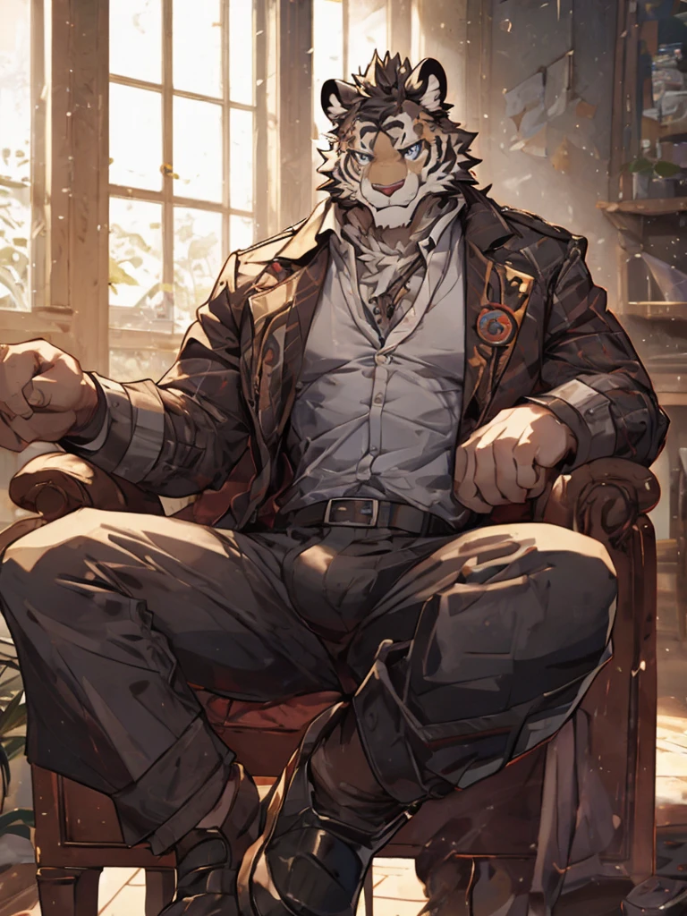 {{bara extremely handsome white tiger,}} {{white fur,}} white, wearing military like purple trench coat, purple trousers, white dress shirt and necktie, white fluffy furry body and limbs, loafers, very tall, very broad shoulders, narrow waist, muscular arms, massive pecs, purple eyes, very long legs, sitting on swivel chair with legs spread, from below perspective, massive bulge, sophisticated hot look, y pose, full body, sunlight casting over, 3/4 view, best quality, high quality, silver earring on left ear, sultry smirk