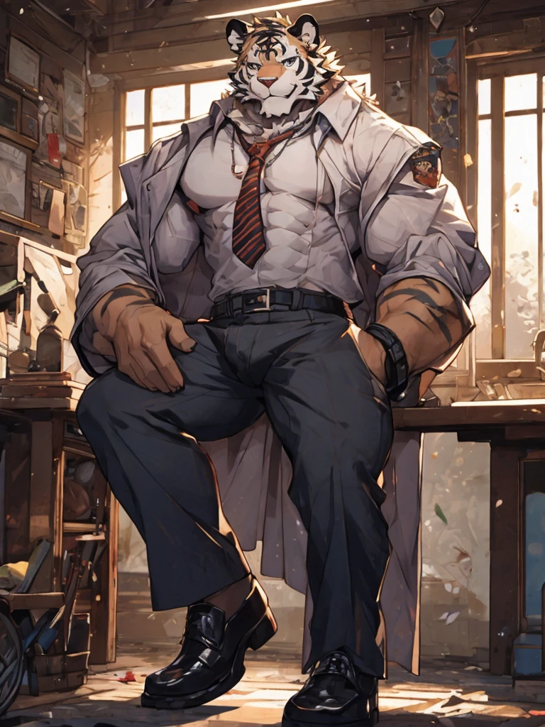 {{bara extremely handsome white tiger,}} {{white fur,}} white, wearing military like purple trench coat, purple trousers, white dress shirt and necktie, white fluffy furry body and limbs, loafers, very tall, very broad shoulders, narrow waist, muscular arms, massive pecs, purple eyes, very long legs, sitting on swivel chair with legs spread, from below perspective, massive bulge, sophisticated hot look, sexy pose, full body, sunlight casting over, 3/4 view, best quality, high quality, silver earring on left ear, sultry smirk