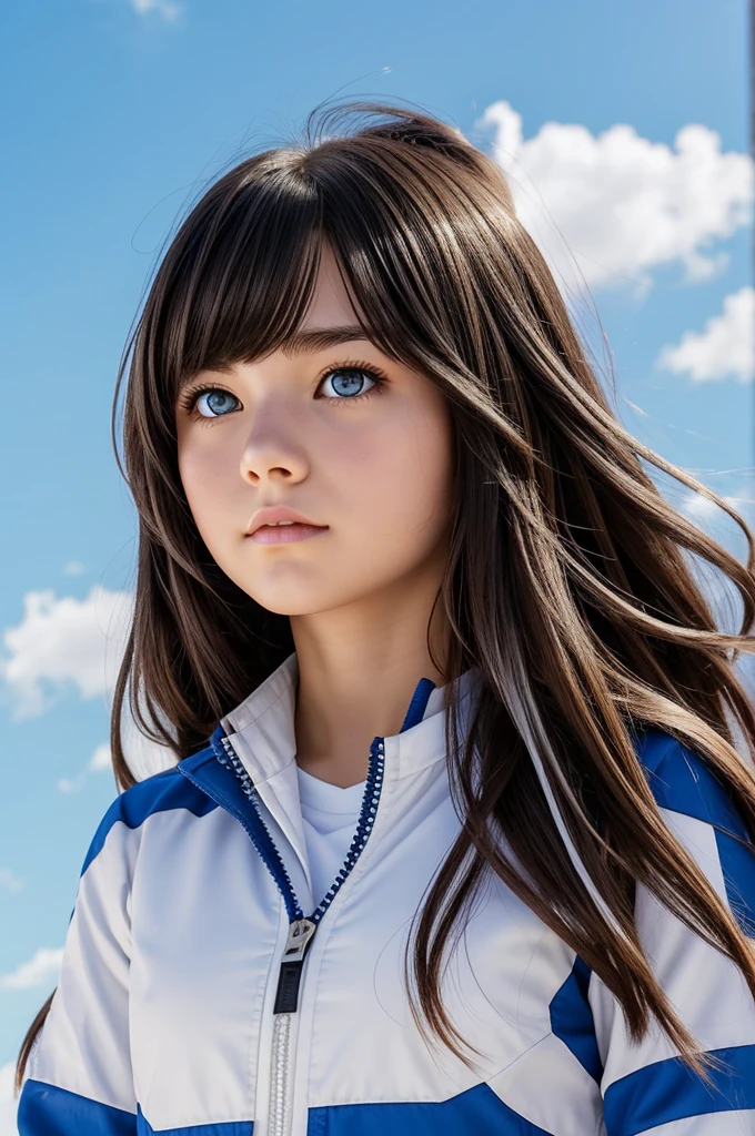 Boku no hero academia style of a teenage girl, with long dark wavy brown hair with white feathering at the ends, and right side bangs with white gradients at the end, sky blue slanted eyes, has serious expression.