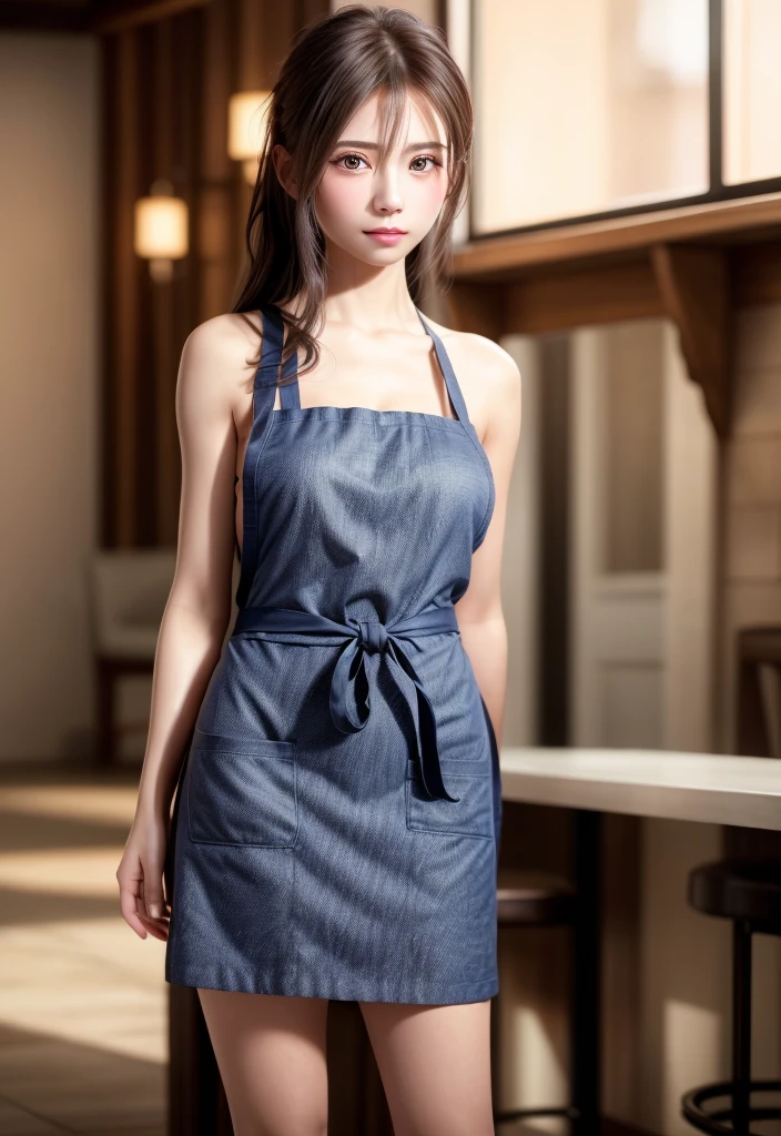 8K, of the highest quality, masutepiece:1.2), (Realistic, Photorealsitic:1.37), of the highest quality, masutepiece, Beautiful young woman, Pensive expression, Gentle eyes, Apron naked、Lovers、Hair tied back, Messy mood, Cinematic background,  Light skin tone