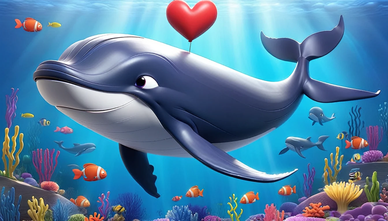 Create a 3-D Pixar style art scene for kids featuring a blue whale with a heart as big as a small car next to it. The scene should be colorful and vibrant, with an ocean background, coral reefs, and schools of fish. The overall mood should be engaging and inviting for young children.