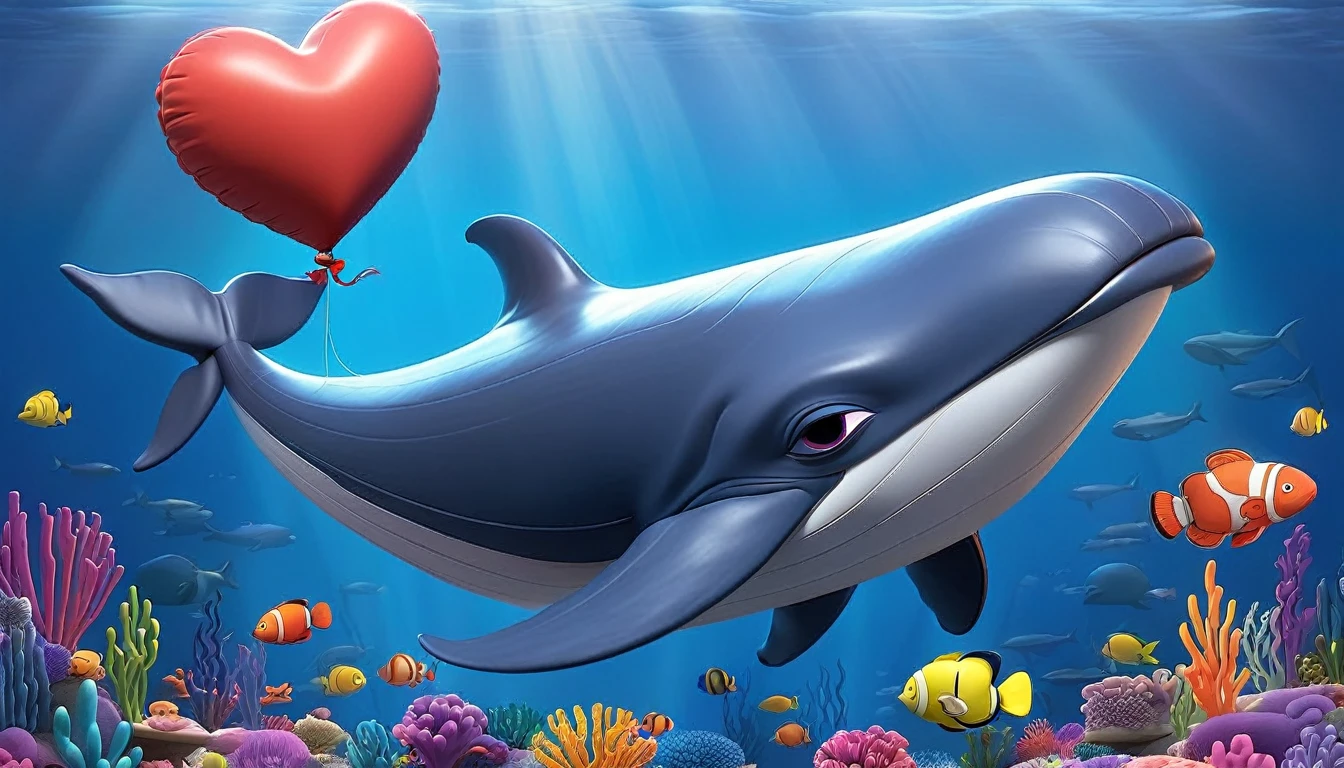 Create a 3-D Pixar style art scene for kids featuring a blue whale with a heart as big as a small car next to it. The scene should be colorful and vibrant, with an ocean background, coral reefs, and schools of fish. The overall mood should be engaging and inviting for young children.