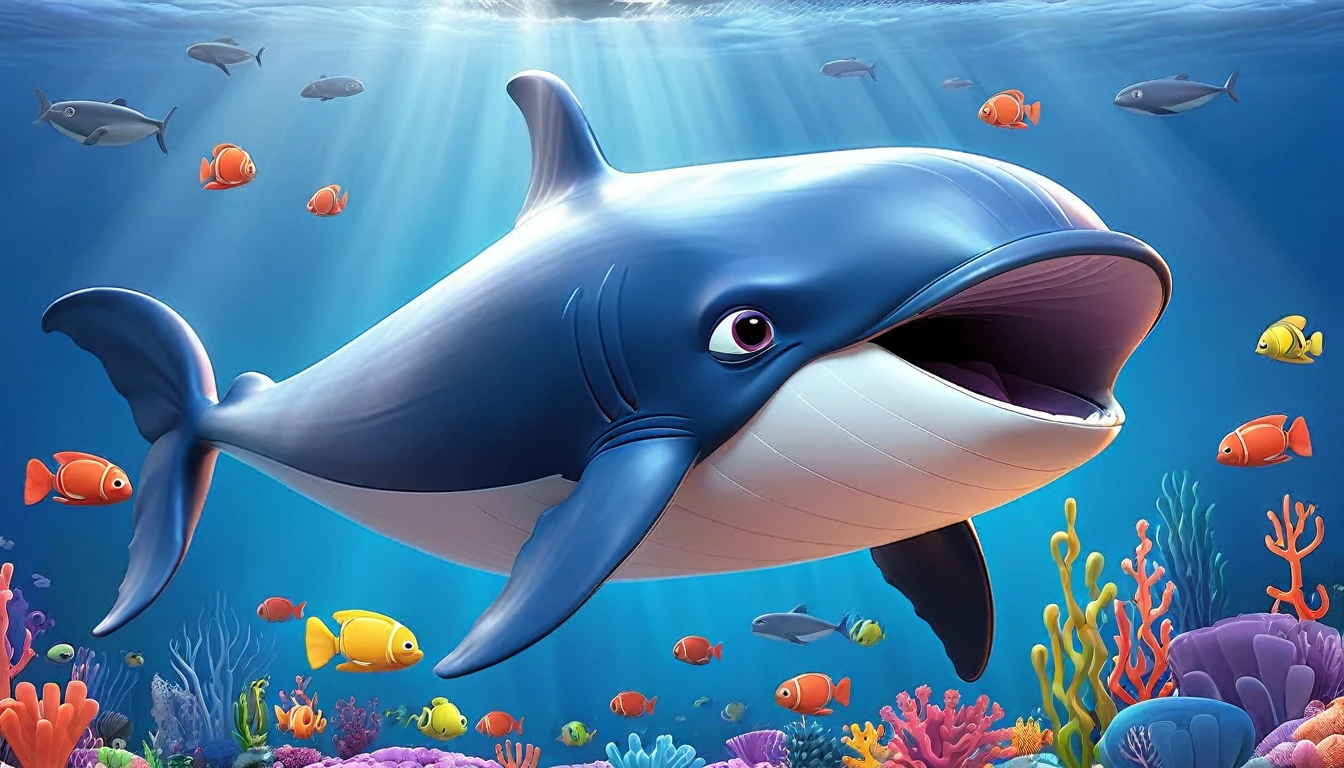 Create a 3-D Pixar style art scene for kids featuring a blue whale with a heart as big as a small car next to it. The scene should be colorful and vibrant, with an ocean background, coral reefs, and schools of fish. The overall mood should be engaging and inviting for young children.