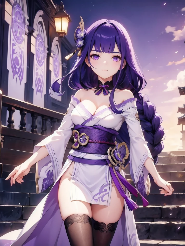  1girl, solo, long hair, looking at viewer, hair ornament, thighhighs, long sleeves, ribbon, holding, cleavage, closed mouth, purple eyes, weapon, purple hair, braid, flower, japanese clothes, sword, wide sleeves, kimono, holding weapon, armor, mole, blurry, sash, mole under eye, holding sword, obi, shoulder armor, tassel, bridal gauntlets, stairs, purple flower, vision (genshin impact), obijime, tomoe (symbol), obiage, mitsudomoe (shape)