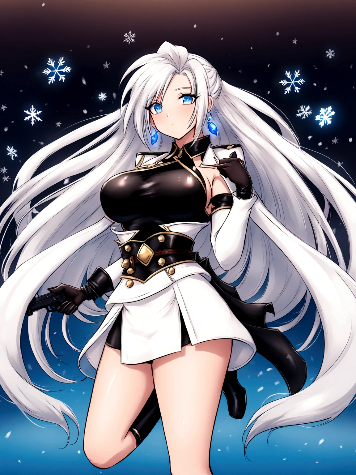 maximum quality、Superior image quality、Masterpiece artwork、girl with((Black leather sports bra、black launch jacket、black leather skirt、sixteen years old、adolescent、cute、Better bust、big stick,Beautiful light blue eyes、wide open breasts, a blond、A slender,Large belligerent valeomovements,holding a gun、paint your cheeks red、fighting poses、Laught、sapphire earrings、expire branco)),high qualiy、linda arte、Background with((universes、falling snowflakes、His name is forte cai、burning fire)))、tabletop、depth of fields,8K