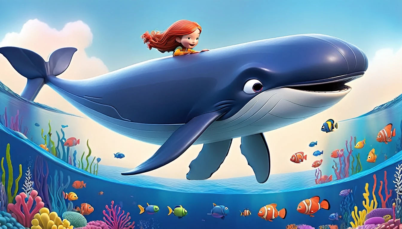 Create a 3-D Pixar style art scene for kids featuring a blue whale with a heart as big as a small car next to it. The scene should be colorful and vibrant, with an ocean background, coral reefs, and schools of fish. The overall mood should be engaging and inviting for young children.