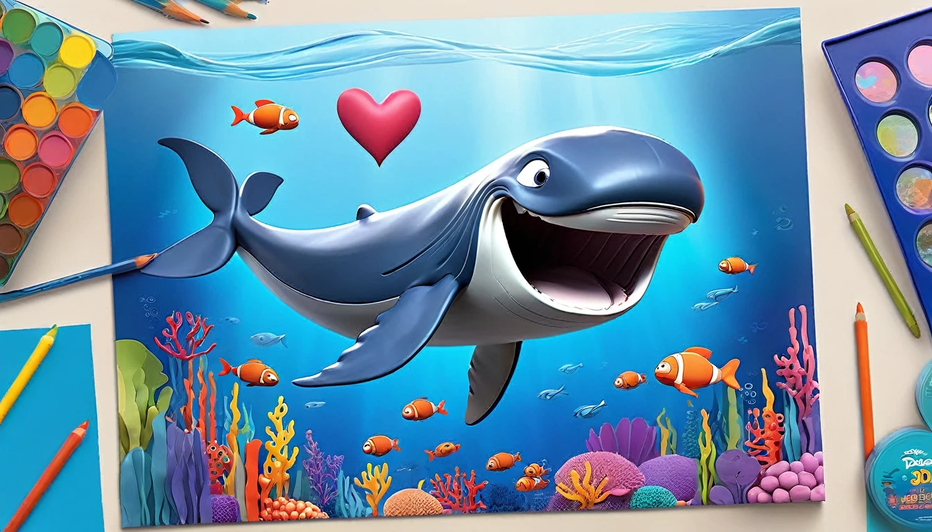 Create a 3-D Pixar style art scene for kids featuring a blue whale with a heart as big as a small car next to it. The scene should be colorful and vibrant, with an ocean background, coral reefs, and schools of fish. The overall mood should be engaging and inviting for young children.