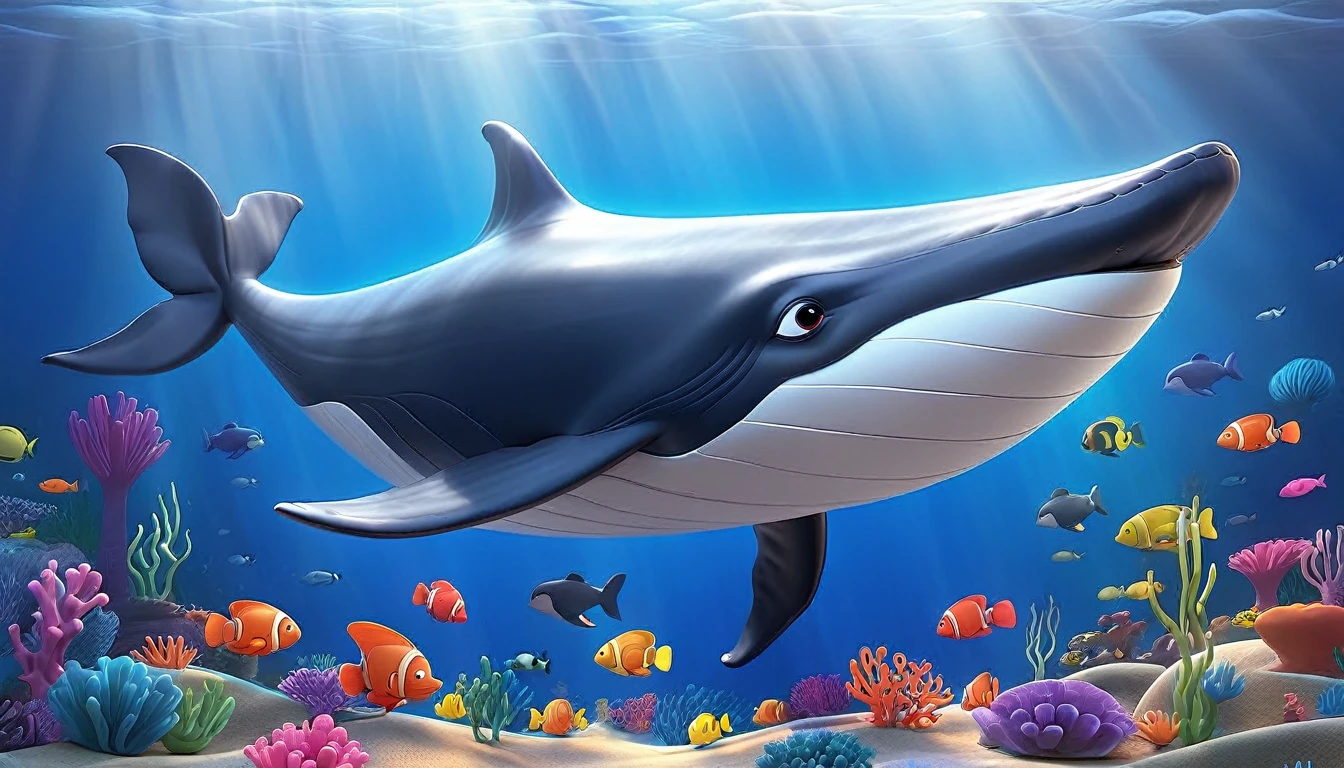 Create a 3-D Pixar style art scene for kids featuring a blue whale with a heart as big as a small car next to it. The scene should be colorful and vibrant, with an ocean background, coral reefs, and schools of fish. The overall mood should be engaging and inviting for young children.