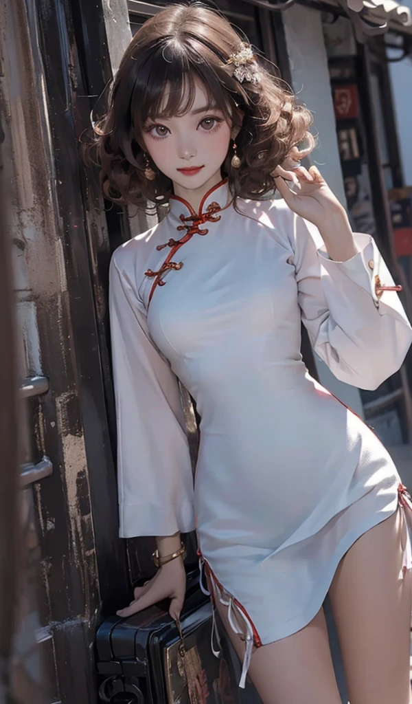 best quality, master, high resolution, A curly-haired girl wearing a cheongsam，sweet，Perfect face，Perfect hands，bust