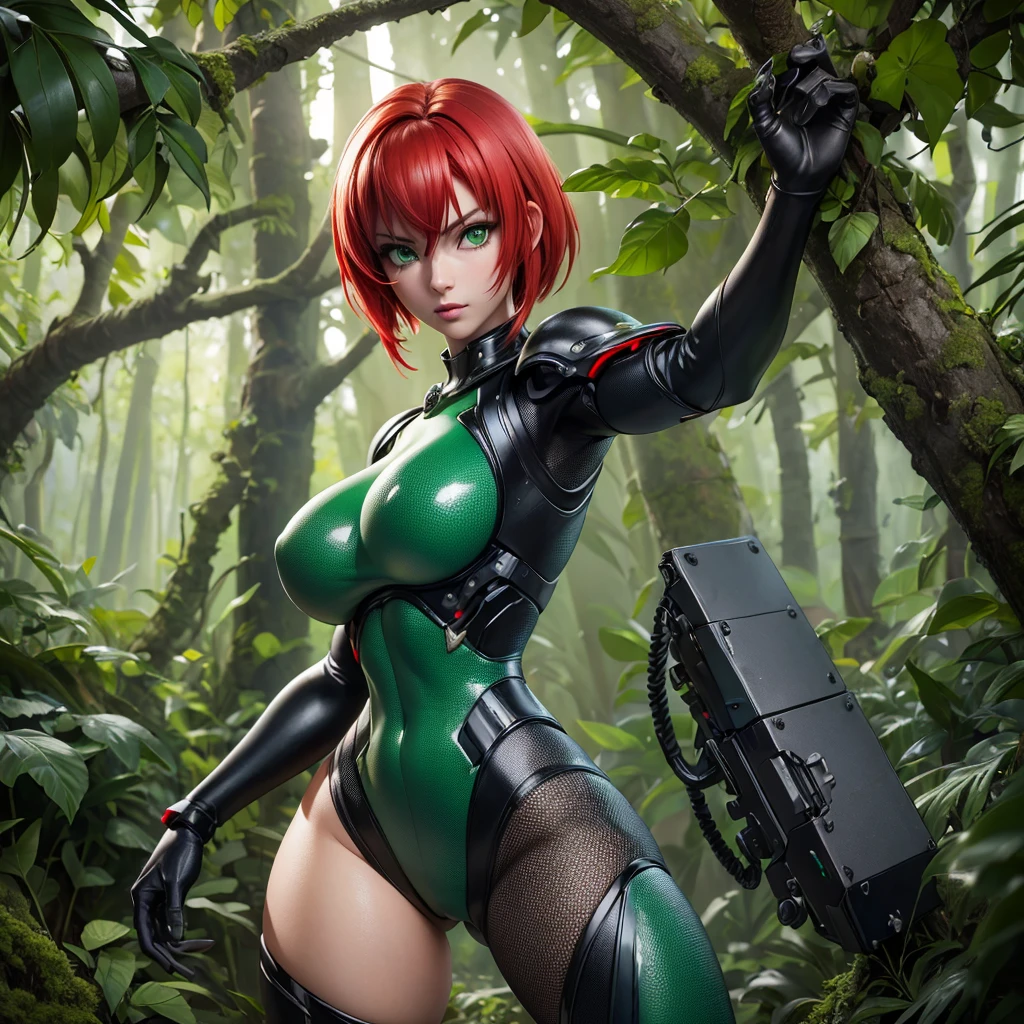 (1girl), Regina from game Dino Crisis,  Beautiful big breasts,(sexy : 1.4)full  bodysuit  armour (cyberpunk style), detailed jungle forest, gentle and charming beautiful goddess, smooth skin, necklace, (milf, 30 age, red hair, green eyes), oval face, double eyelids, smart, good hands, good feet, Natural,  (glossy skin:1.05), ((low angle)), Perfect figure, scene: hunting to the giant scary dinosaur (Tirex) ,(64k, UHD, RAW photo, best quality, masterpiece:1.3), (realistic, photo-realistic:1.4), ultra high res, photon mapping, radiosity, physically-based rendering, professional soft lighting