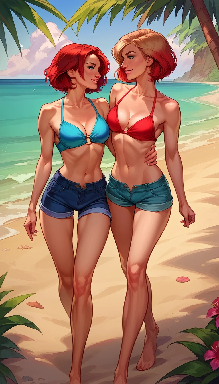 score_9, score_8_up, score_8_up, source_cartoon, 2girls, (short hair Gwen Stacy:1.0), (MJ Watson, long flowing hair, red hair:1.0), girlfriends, lovers, yuri, cleavage, bikini top, shorts, beach, outdoors, walking, smiling.