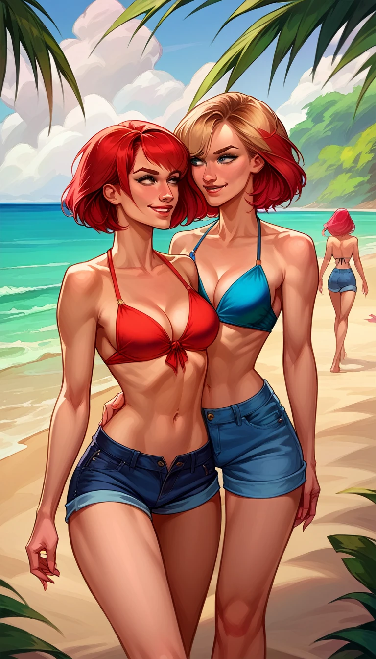 score_9, score_8_up, score_8_up, source_cartoon, 2girls, (short hair Gwen Stacy:1.0), (MJ Watson, long flowing hair, red hair:1.0), girlfriends, lovers, yuri, cleavage, bikini top, shorts, beach, outdoors, walking, smiling.