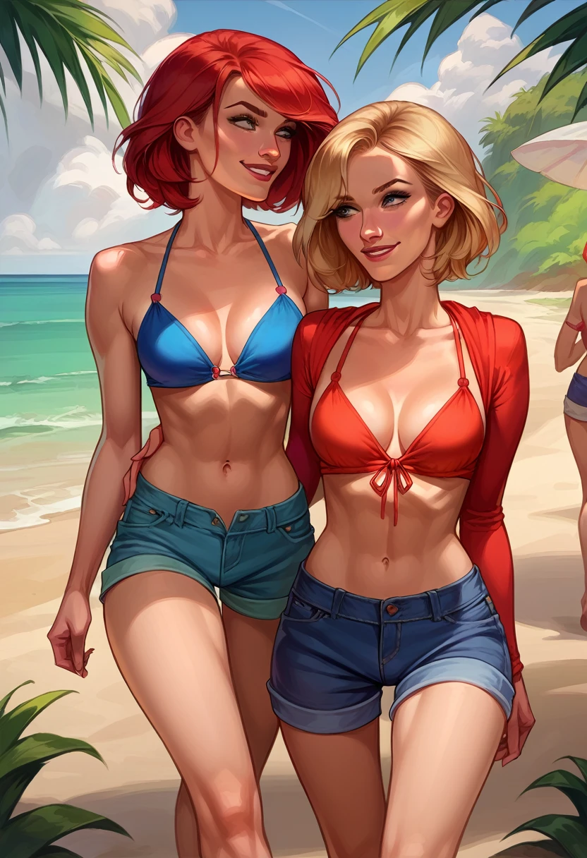 score_9, score_8_up, score_8_up, source_cartoon, 2girls, (short hair Gwen Stacy:1.0), (MJ Watson, long flowing hair, red hair:1.0), girlfriends, lovers, yuri, cleavage, bikini top, shorts, beach, outdoors, walking, smiling.