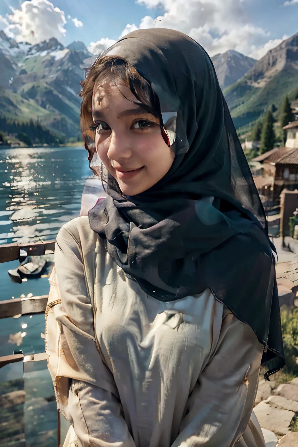Girl wearing hijab, peach attire muslim clothes and hijab, beautiful smiling, beautiful european landscape in the background, lake, mountainscape, setting sun, European Summer, Romantic mood, Very high resolution, ultrarealism