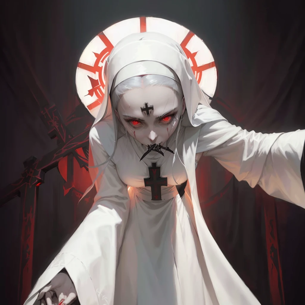 arafed image of a nun with a cross on her head, an evil nun, vampire nun, holy inquisition, helltaker, krenzcushart, goddess of death, high detailed official artwork, priestess of the damned, artwork in the style of guweiz, an ominous fantasy illustration, scary queen of death