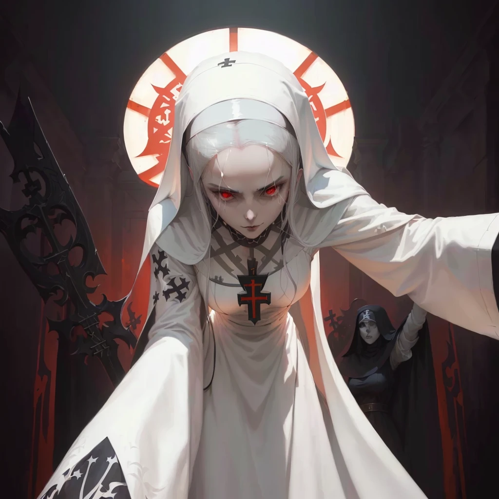arafed image of a nun with a cross on her head, an evil nun, vampire nun, holy inquisition, helltaker, krenzcushart, goddess of death, high detailed official artwork, priestess of the damned, artwork in the style of guweiz, an ominous fantasy illustration, scary queen of death