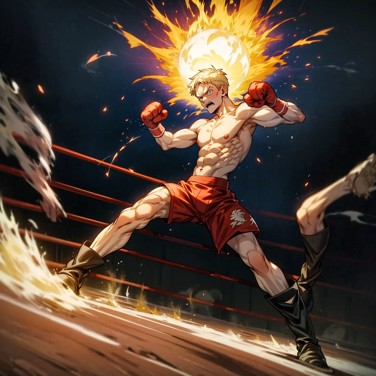 1boy, Full body version, 1character, blue eyes color, tan skin, short hairstyle, blonde colour hair, muscle, Boxing outfit clothing, boots, naked, Topless, Grassroots background in ring boxing, motion blur, (one piece style art), shadow, no weapon, boxing gloves, Plasma effect, smoke effect, fire effect, lighting eyes, angry, angry eyes, angry mouth, wind effect, fire effect, smoke, Shouting gesture, fire in hand