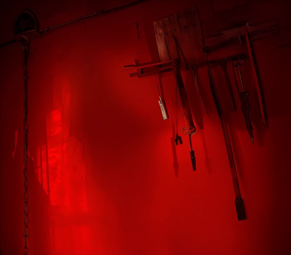 indoors,Old walls,{{red theme}},{dim},dungeon,SM tools hanging on the wall