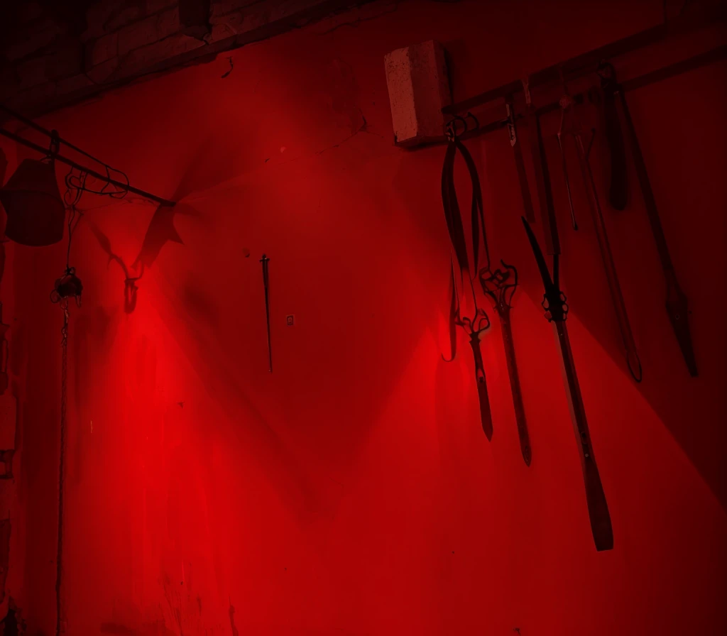 indoors,Old walls,{{red theme}},{dim},dungeon,SM tools hanging on the wall
