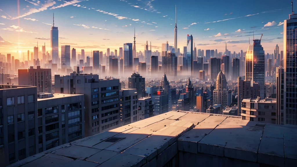 Backlit city in the morning，Overlooking the city in the distance，wide-open sky，Vision，No characters，Scenes