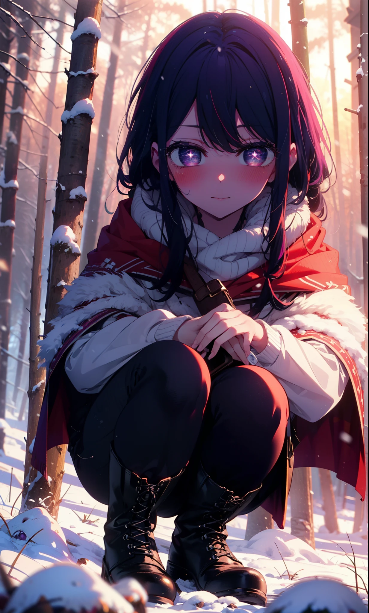 aihoshino, Ai Hoshino, Long Hair, bangs, (Purple eyes:1.1), Purple Hair, (Symbol-shaped pupil:1.5), smile,,smile,blush,White Breath,
Open your mouth,snow,Ground bonfire, Outdoor, boots, snowing, From the side, wood, suitcase, Cape, Blurred, , forest, White handbag, nature, Squat, Mouth closed, Cape, winter, Written boundary depth, Black shoes, red Cape break looking at viewer, Upper Body, whole body, break Outdoor, forest, nature, break (masterpiece:1.2), Highest quality, High resolution, unity 8k wallpaper, (shape:0.8), (Beautiful and beautiful eyes:1.6), Highly detailed face, Perfect lighting, Extremely detailed CG, (Perfect hands, Perfect Anatomy),