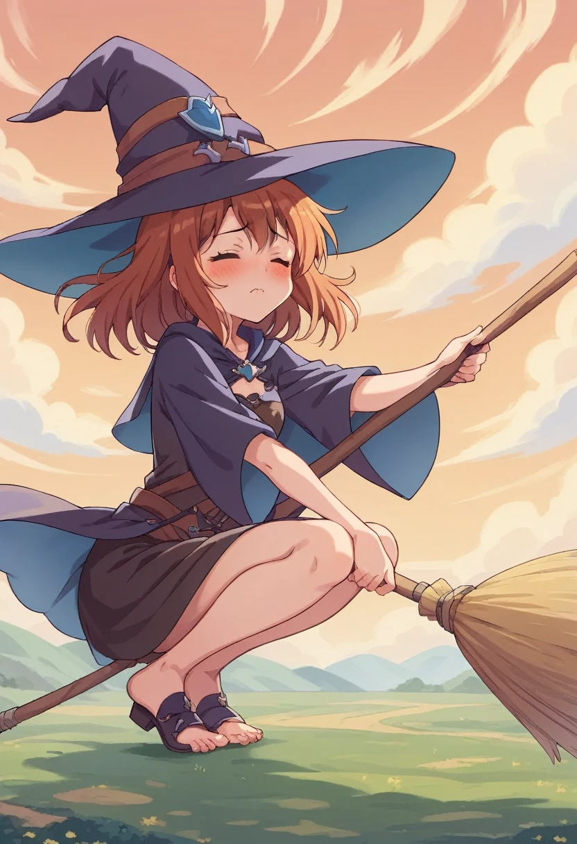 ((((空を飛ぶwitch))),((Ride a broom)),(Straddling a broom),Fantasy,Beautiful light and shadow,Anatomically correct,masterpiece,Highest quality,最高masterpiece,8K,Use of magic,witch:witchの帽子:witchの衣装:Familiar,Wind,Fantasy,wonderful,An illustration,Digital Art,wonderful,wonderful,カラーAn illustration,Rich colors,(Blushing),(Eyes closed),(Mouth closed),(Holding the end of the broom tightly with both hands),(slightly squatting),(Both feet are on the ground),(Both feet are wearing shoes),（ One broom handle、The broom handle is connected）,(The tips of the broom face backwards)