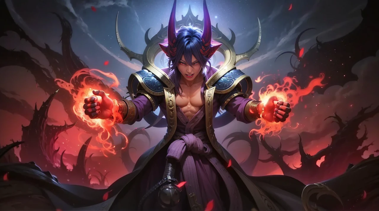 boy with purple hair and red shirt holding a purple ball, Masterpiece, ultra HD, detailed all picture, a close up of a devil, dyrroth from mobile legend, evil, extremely detailed artgerm, mobile legends character, inspired by Dyrroth, Six pack chest and abs, black jewel above the chest, red eyes, glare.