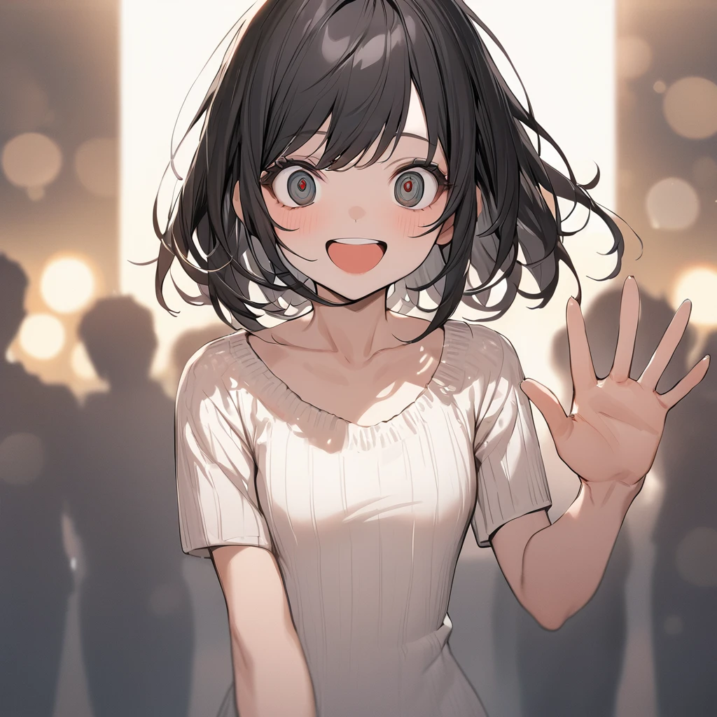Masterpiece, Best Quality, Color, Linear, Young Woman, Single, 20 Years Old, Flat Breasted, Single, Short Black Hair, Long White Knit Dress, Grinning, Standing, Waving, Big Eyes, Staring, Open Mouth, Front View, White Background, Simple Background, High Detail, High Budget,. Bokashi Cinemascope, Moody, , High Detail, High Budget, Bokeh