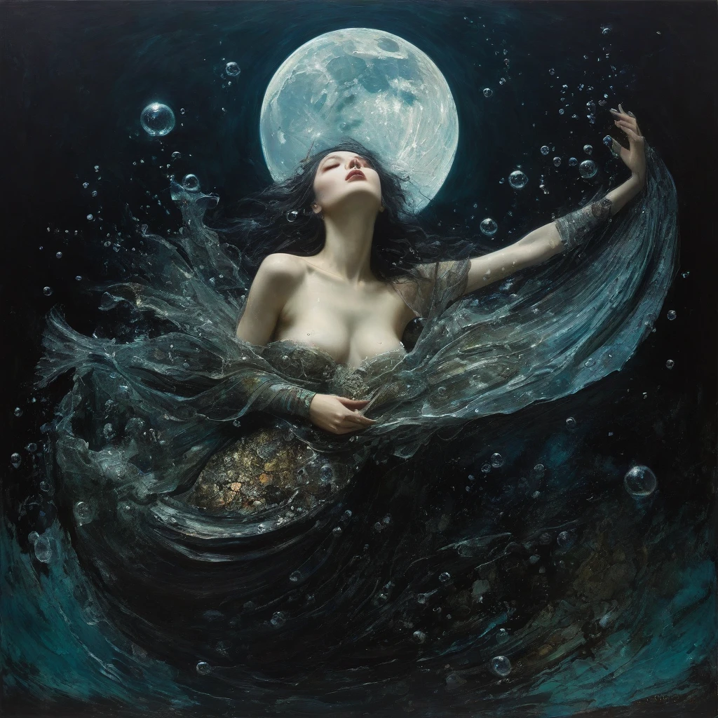 James Gurney, Surrealist art , dream-like, mysterious, Provocative, symbolic, Complex, detailed,, (Gothic but very beautiful:1.4), (masterpiece, Highest quality:1.4) , Nicola Samori Style, The moon kissed the mermaid , Water bubbles
