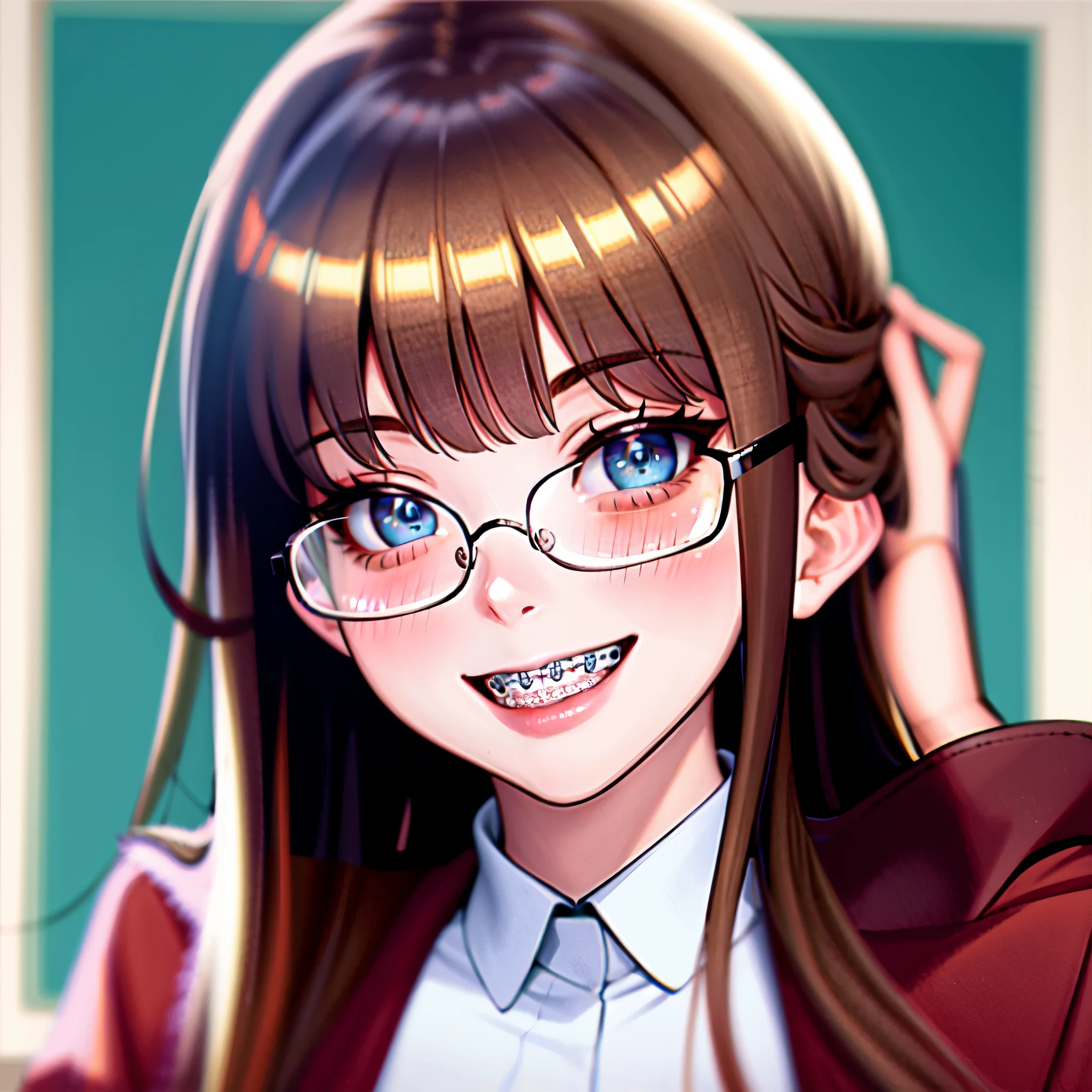 1girl, seductive eyes, braces, smiling, cute, face focus, blue eyes, brown hair, best quality, masterpiece, blush, glasses, highres
