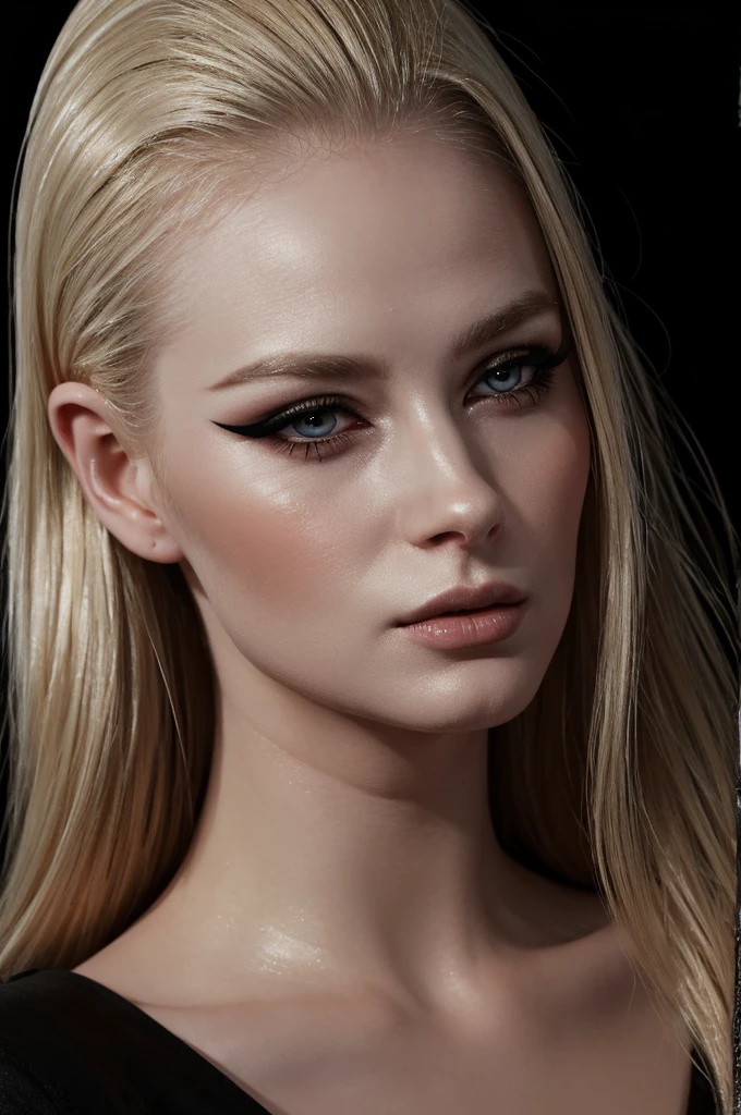 woman pretty, blonde, slicked back blonde hair , big breast, sexy, pale skin , eyeliner ,foxy eyeliner , makeup ,pale woman painting, beautiful light deep focus, elegant, digital painting, smooth, dramatic lighting , 8k, art , black background,black background, black wallpaper