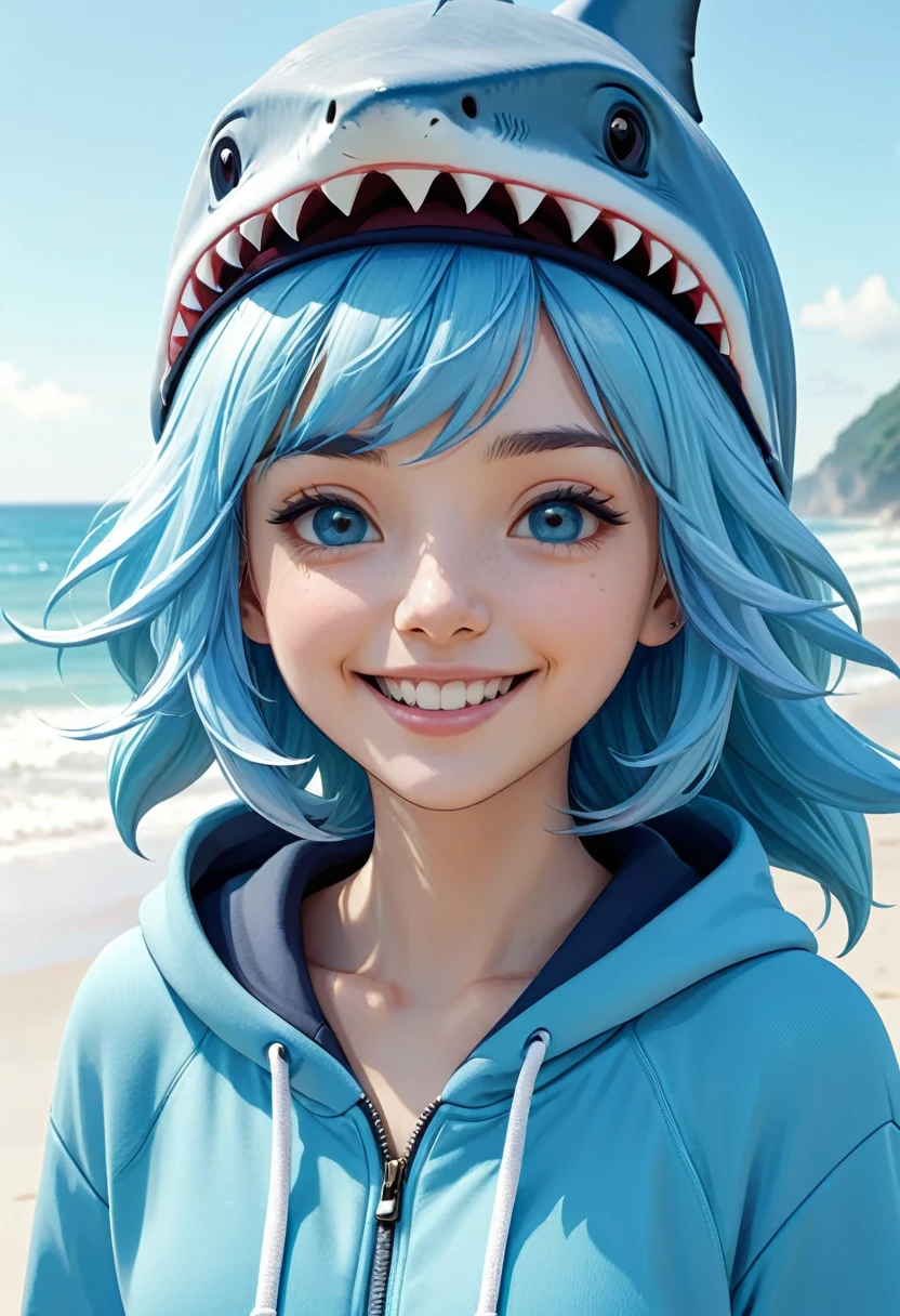
         Cute light blue haired girl(Close)，Wearing a blue hoodie，shark head hat, Close-up shot of a happy and lively character standing on the beach( perfect anatomy ) 

                 Beautiful and extremely fine texture，detailed, bright, High-quality animation style presentation