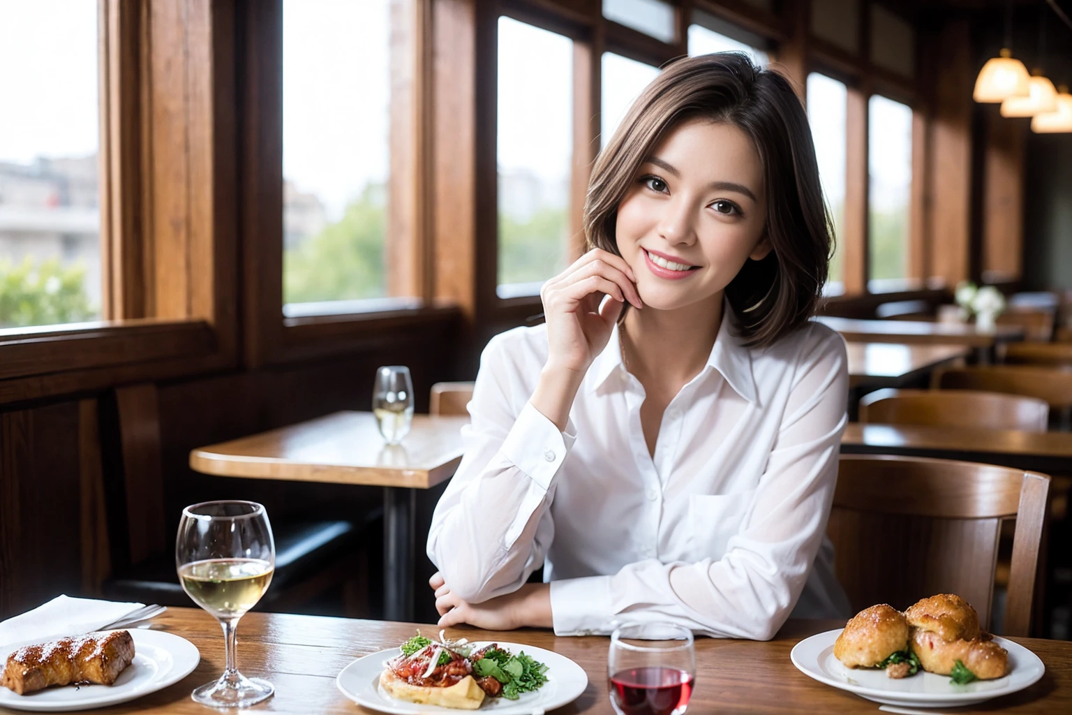 ((Highest quality、8K、masterpiece:1.3))、slimカップル、modelカップル、(Realistic, Intricate details:1.2), full-course dinner、Wine Party、Amazing view of the sunset sky and clouds、A bright smile、The wonderfulness of smile、Bright image、The beauty of wine, Beautiful Face, blue eyes, The light shines on your face, Blushing, short hair,Bright Face、 (Age 37), 39 years old, red wine 、Appetizers、Italian food、Wine bottle、Champagne、sparkling wine、Two beauties、Brown Hair、Shortcuts、Long sleeve shirt、dress、Beautiful woman 1, (slimな顔), (The body is slim), (Brown Hair), (Shortcuts), cheeks turn a little red,Attractive beauty、restaurant, In a prominent place (From the waist up) Nova Frog Style, actress, model, Upper Body, White wine, slim, wine glass, 中央に置かれたwine glass, smile, (smile: 1.15), Beautiful fine grain, Depth f/2,saturation, High Contrast, Strong light and shadow,Moist Body:1.5、3D texture、Delicate eyes、Brown Hair、The hair is very shiny、