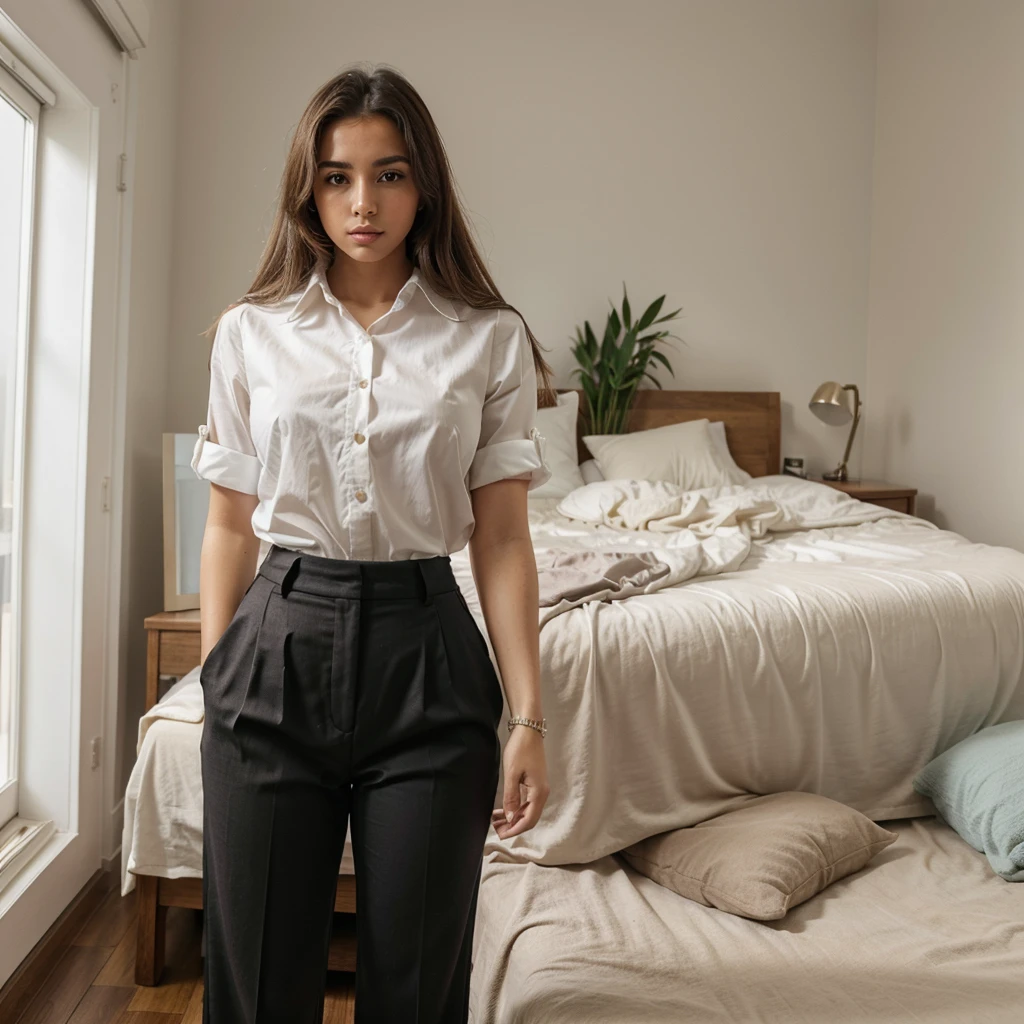 Spanish girl, instagram model, cute looking, fully dressed, in her room, wearing formal cloth, shirt and pant