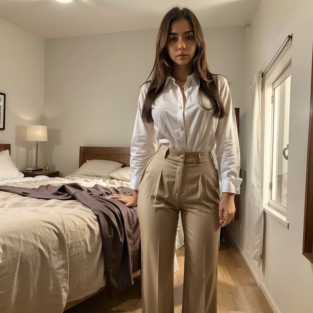 Spanish girl, instagram model, cute looking, fully dressed, in her room, wearing formal cloth, shirt and pant