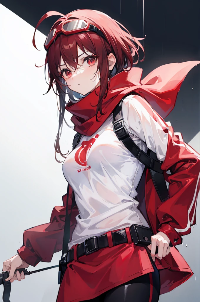 A tall cute woman with medium breasts and wearing an opened red jacket with a white t-shirt underneath and black pants. She has short dark red hair and wears a striped black and red scarf also wearing red headphones and a utility belt slinged across her shoulder she is also wearing ski goggles on her head. She has a cold stern look on her face and her arms behind her back. Rainy dark background