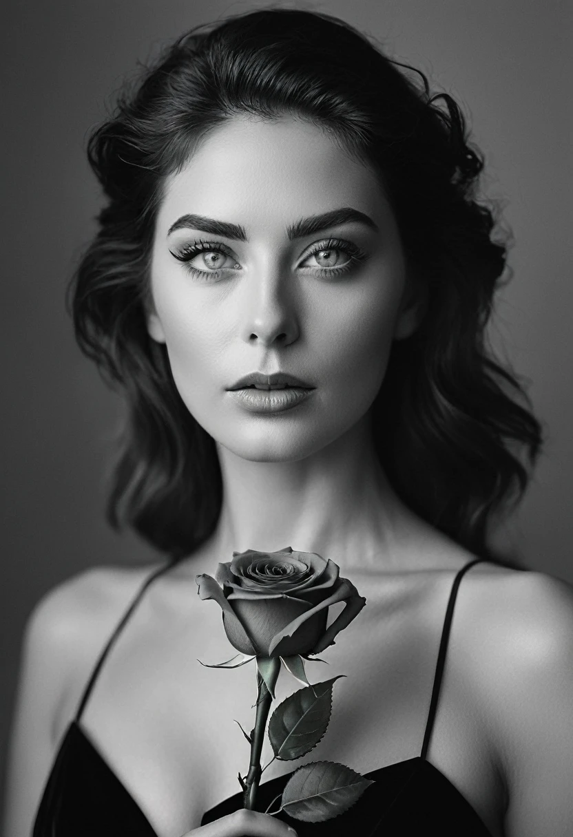 black and white, a woman with  green eyes, flawless skin, half body shot, holding a rose, whimsical photography style, captured with an Arriflex 35BL camera using Canon K25 prime lenses, cinematic, dramatic lighting, ultra clear, breathtaking surreal masterpiece.