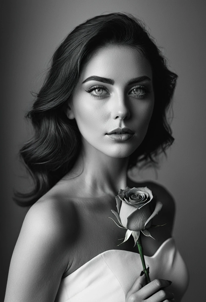 black and white, a woman with green eyes, flawless skin, half body shot, holding a rose, whimsical photography style, captured with an Arriflex 35BL camera using Canon K25 prime lenses, cinematic, dramatic lighting, ultra clear, breathtaking surreal masterpiece.