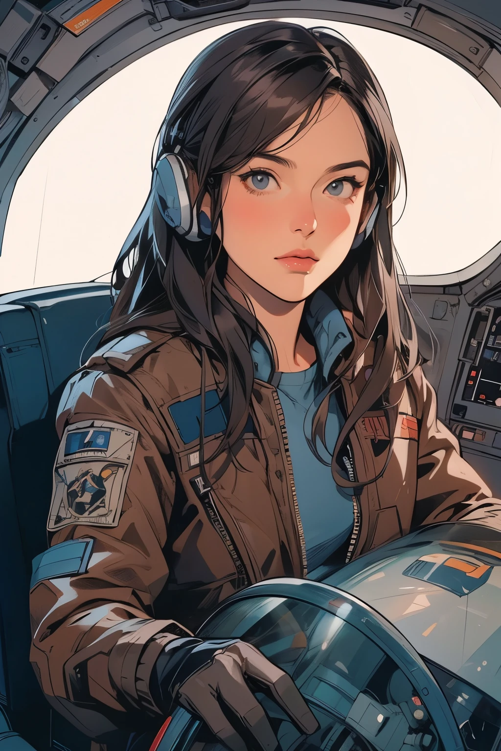 Woman in pilot uniform sitting in cockpit, Phil Noto comic art, Pilot Girl, cute Pilot Girl, Phil Noto comicbook cover art, portrait of cute Pilot Girl, Sci-Fi Pilot, Joshua Middleton Comic Art, Phil Noto, 70's jetfighter Pilot Girl, Portrait Anime Astronaut Girl, In the cockpit of a spacecraft