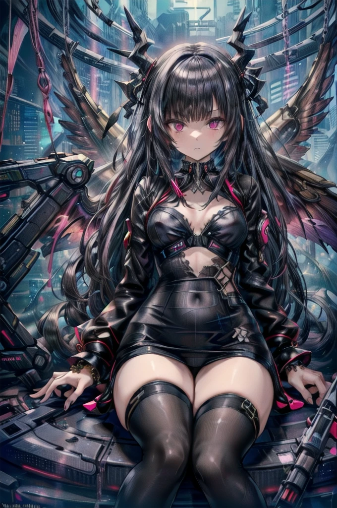 masterpiece,a Satanic woman,Wearing a suit,Stylish suit in black color,Satanic,wing, Stylish seating, Cyberpunk Grey_Neon Pink Beautiful Theme, Fascinating views,oil, Pixiv, Gibi ((Intricate details,)) Ultra HD, Sharp details