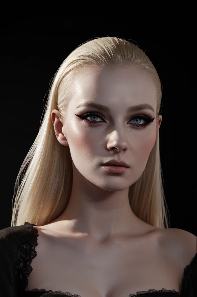 woman pretty, blonde, slicked back blonde hair , big breast, sexy, pale skin , eyeliner ,white skin,foxy eyeliner , makeup ,pale woman painting, beautiful light deep focus, elegant, digital painting, smooth, dramatic lighting , 8k, art , black background,black background, black wallpaper