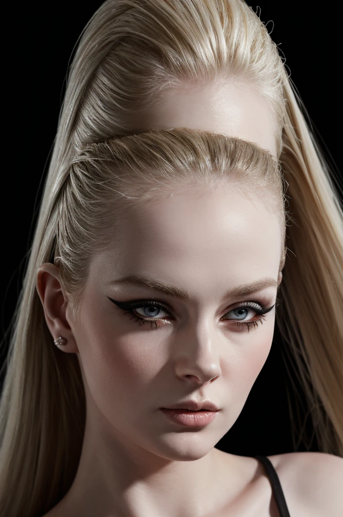 woman pretty, blonde, slicked back blonde hair , big breast, sexy, pale skin , eyeliner ,white skin,foxy eyeliner , makeup ,pale woman painting, beautiful light deep focus, elegant, digital painting, smooth, dramatic lighting , 8k, art , black background,black background, black wallpaper