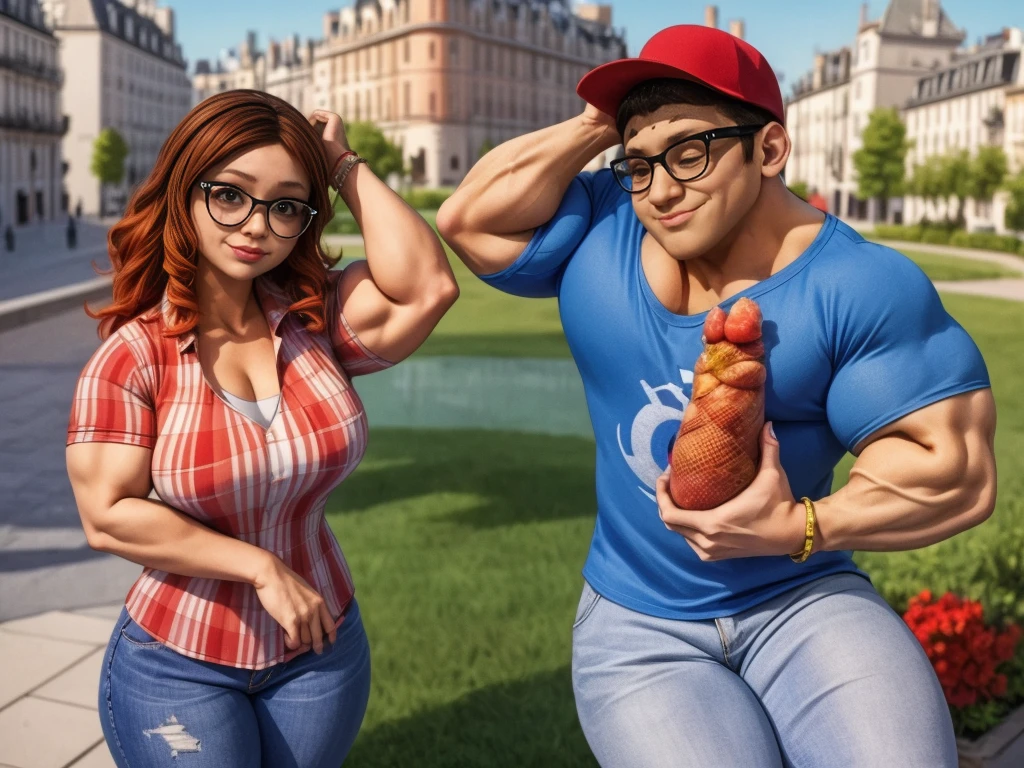 (masterpiece, best quality:1.2), A couple , boy Nino Lahiffe: Brown skin, dark hair, usually seen wearing a red cap, glasses, and casual clothing like a T-shirt and jeans, and a girl Alya Césaire: Brown skin, curly dark brown hair, often wears glasses, and typically seen in stylish, casual outfits. A casual day out with both characters in their everyday attire,Sharing a tender moment, like sitting on a rooftop overlooking Paris..(girl and boy:1), smiling, ((high resolution illustration)), ((extremely detailed)), (couple), Alya, Nino, Nino X Alya, (best quality,4k,8k,highres,masterpiece:1.2), ultra-detailed, realistic:1.37, HDR, studio lighting, extreme detail description, nino wearing a red cap, professional, vibrant colors, bokeh, ((muscular female bodybuilder)), detailed lips, strong embrace, romantic scene, intimate moment, intense passion, athletic bodies, fitness couple, gym, (((both flexing their big muscles))).