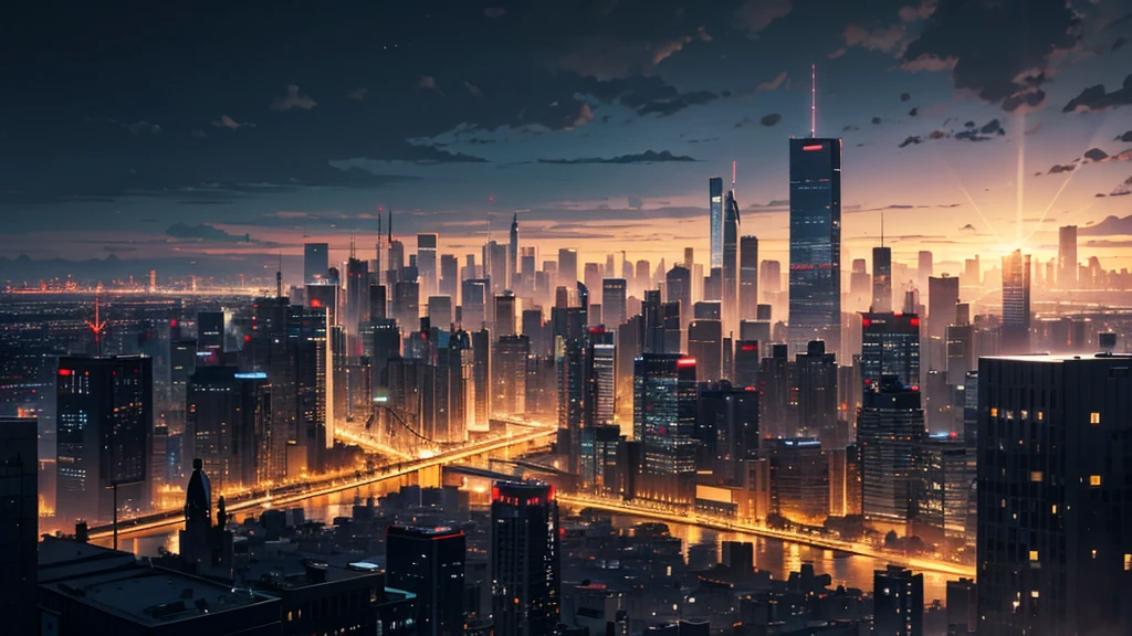 Backlit city in the morning,Overlooking the city in the distance,A city without light,Dark,wide-open sky,Vision,No characters,Scenes