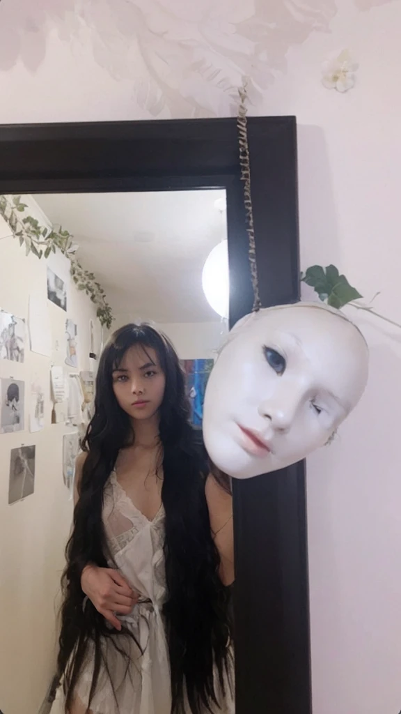 A girl with long wavy black hair with bangs taking mirror pictures in her room, her room color is dark red