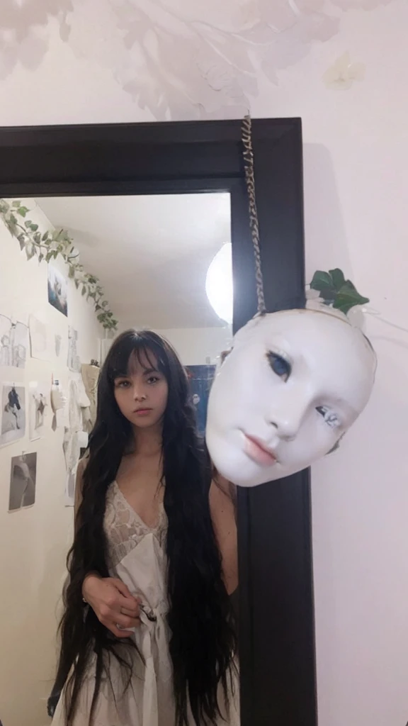 A girl with long wavy black hair with bangs taking mirror pictures in her room, her room color is dark red