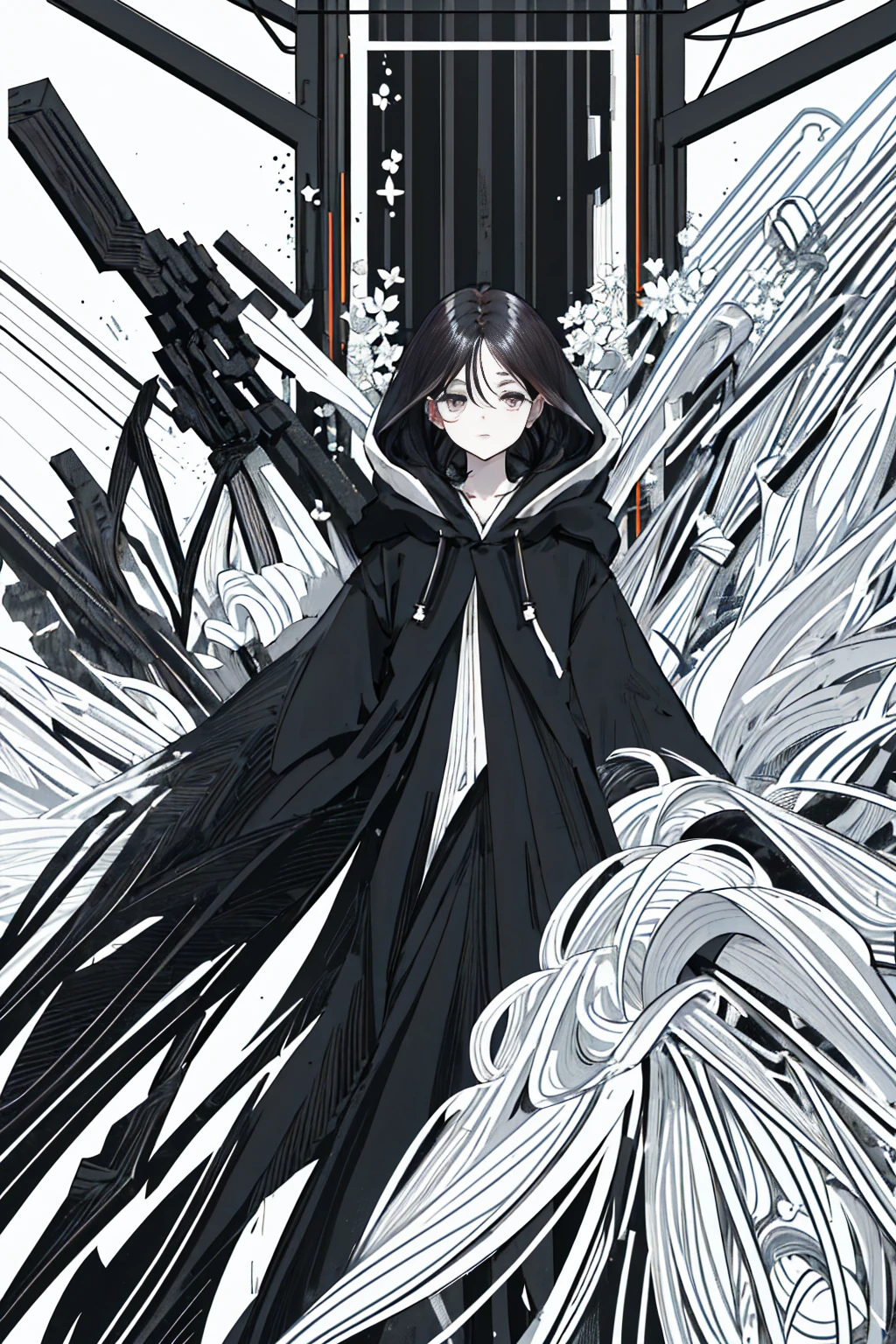 (masterpiece), hres, high quality, 4k, unity render, 1girl, solo, lineart, (monochrome:1.2), intrincate detailed,Wearing a black robe with lace,Wearing a black hood,hood covers his eyes,(black hair:1.9),Slightly curlyhair,Beautiful,cold expression,sketch,