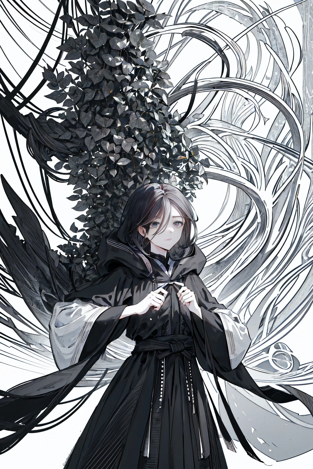 (masterpiece), hres, high quality, 4k, unity render, 1girl, solo, lineart, (monochrome:1.2), intrincate detailed,Wearing a black robe with lace,Wearing a black hood,hood covers his eyes,(black hair:1.9),Slightly curlyhair,Beautiful,cold expression,sketch,