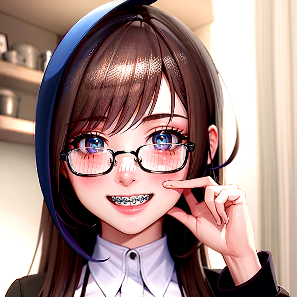 1girl, seductive eyes, braces, smiling, cute, face focus, blue eyes, brown hair, best quality, masterpiece, blush, glasses, highres
